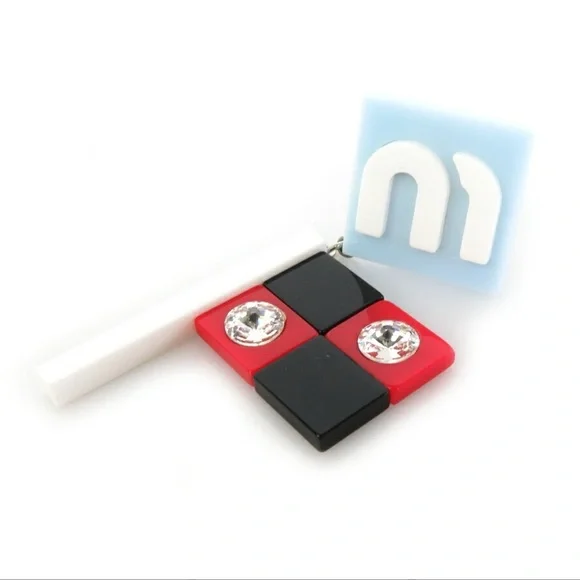 EUC-MIU MIU Clip-On Earrings Plastic/Rhinestone Light Blue x White, Red,& Black - Picture 4 of 6